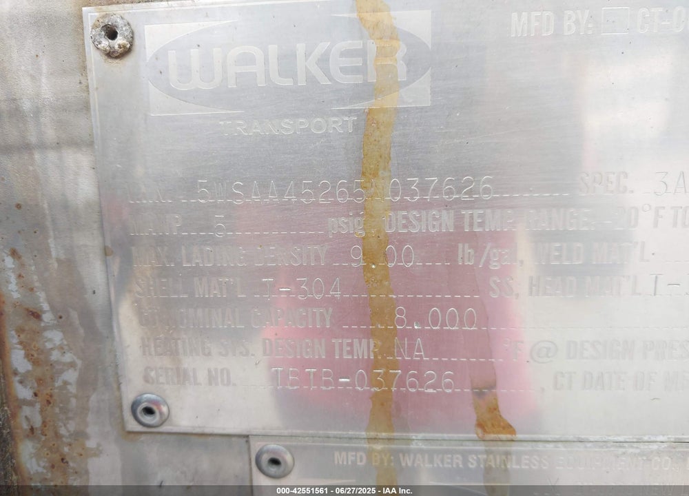 2005 WALKER STAINLESS EQUIP CO TANK SEMI TRAILER VIN: 5WSAA45265N037626