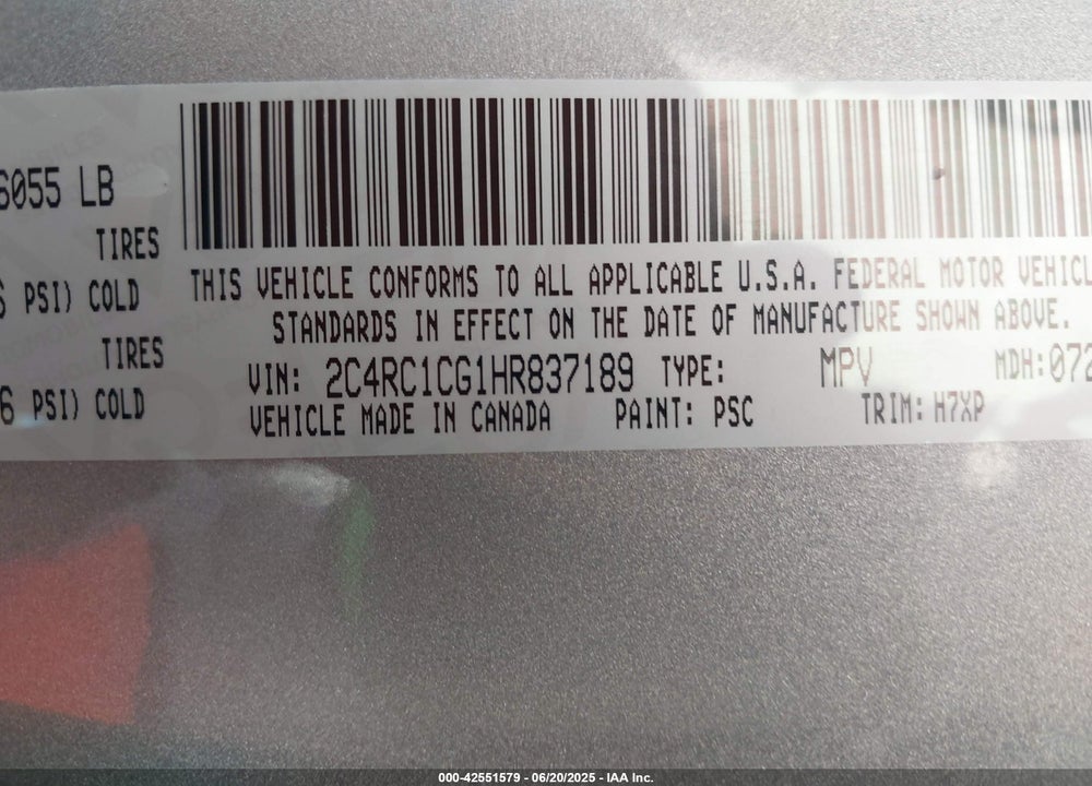 2017 CHRYSLER PACIFICA LX VIN: 2C4RC1CG1HR837189