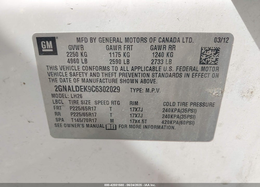 2012 CHEVROLET EQUINOX 1LT VIN: 2GNALDEK9C6302029
