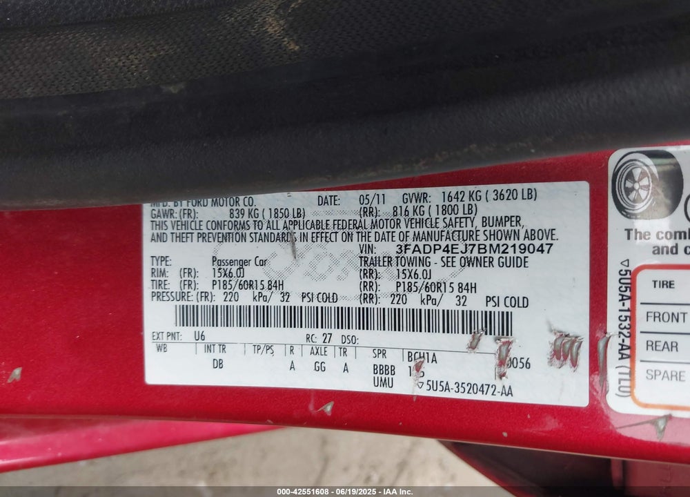 2011 FORD FIESTA VIN: 3FADP4EJ7BM219047
