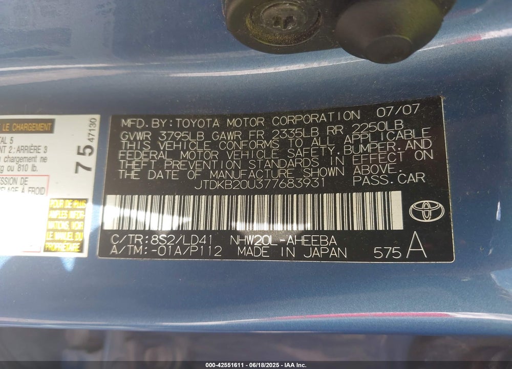 2007 TOYOTA PRIUS VIN: JTDKB20U377683931