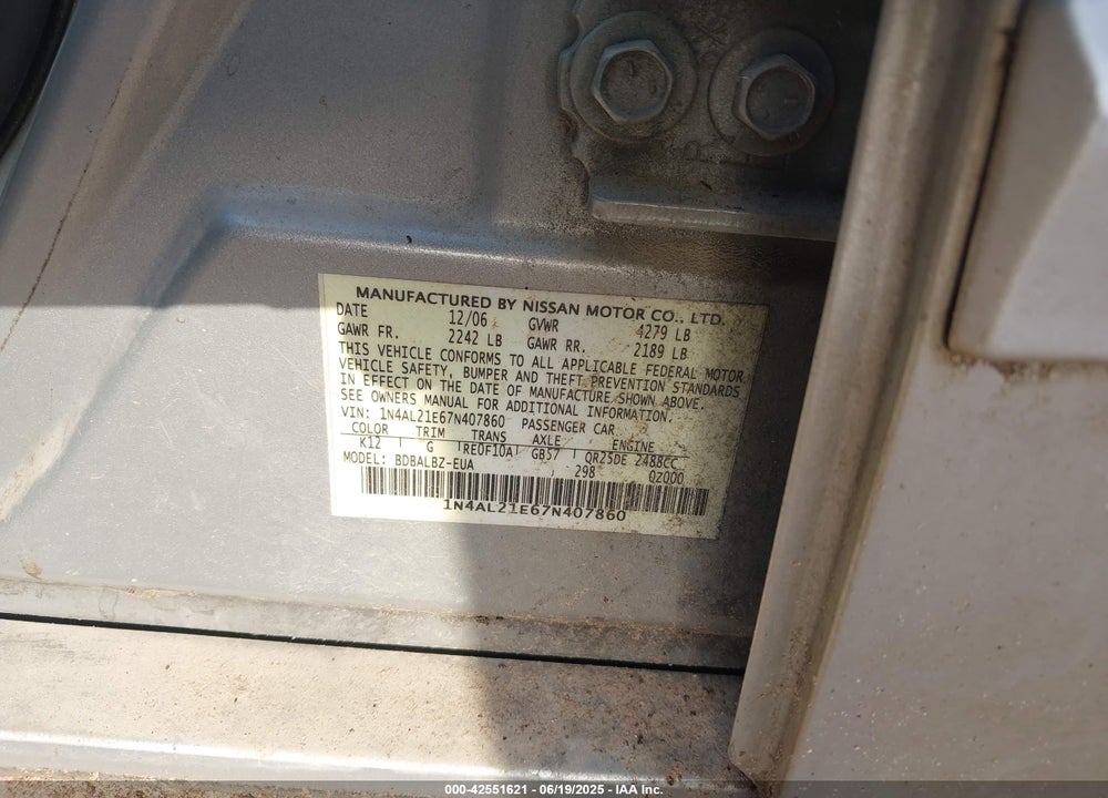 2007 NISSAN ALTIMA VIN: 1N4AL21E67N407860