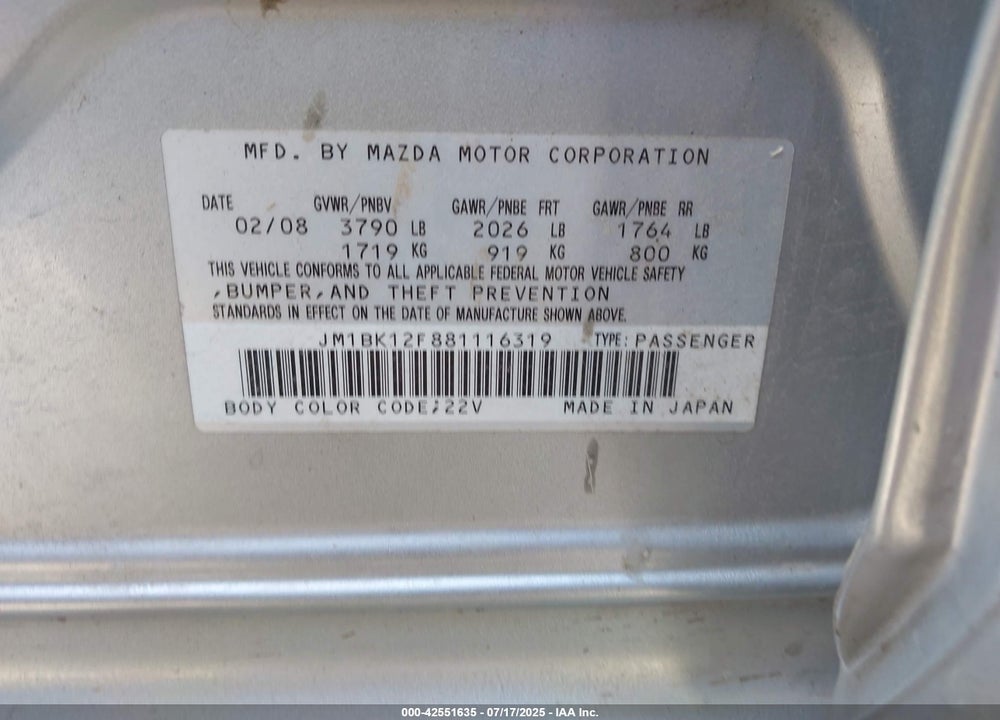 2008 MAZDA MAZDA3 VIN: JM1BK12F881116319