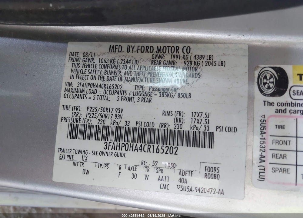 2012 FORD FUSION VIN: 3FAHP0HA4CR165202