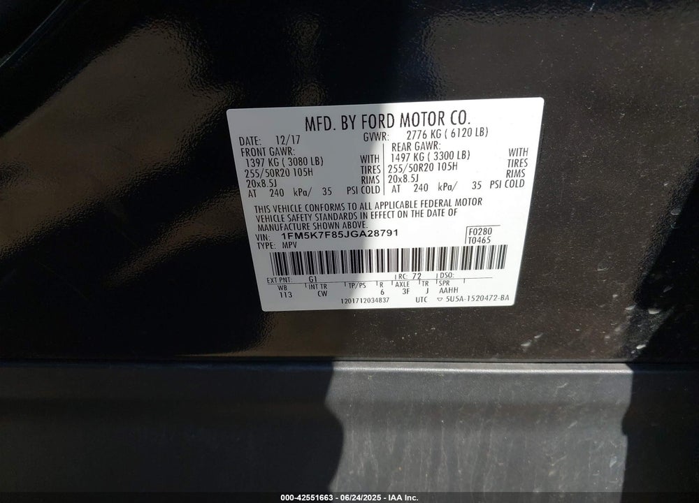 2018 FORD EXPLORER VIN: 1FM5K7F85JGA28791