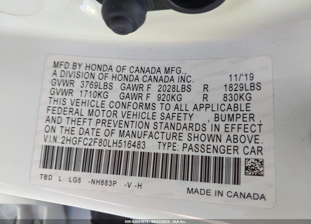 2020 HONDA CIVIC VIN: 2HGFC2F80LH516483
