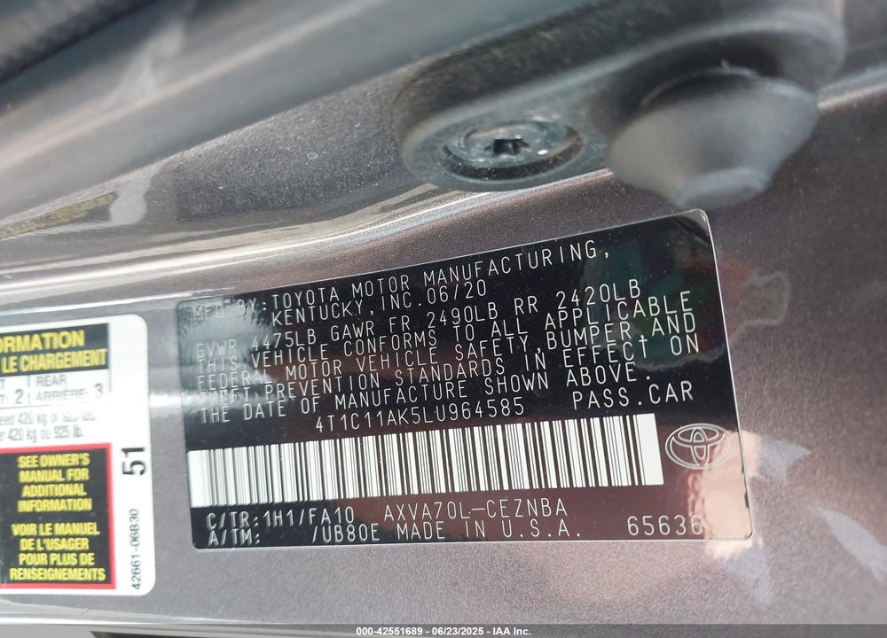 2020 TOYOTA CAMRY VIN: 4T1C11AK5LU964585