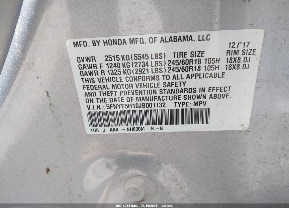 2018 HONDA PILOT VIN: 5FNYF5H10JB001132