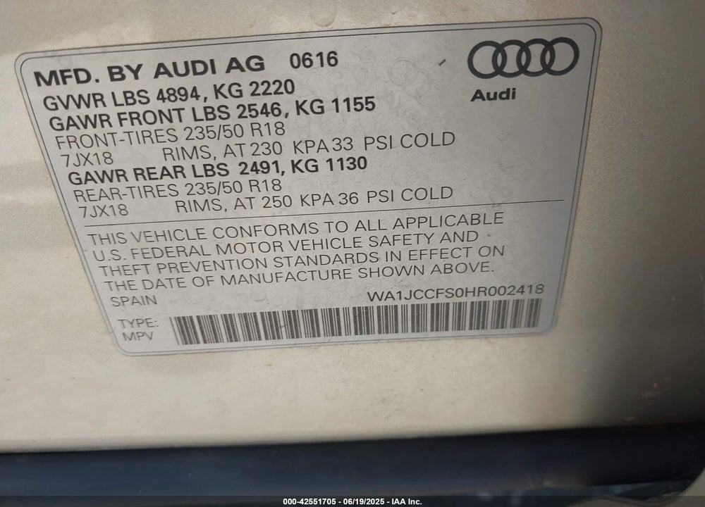 2017 AUDI Q3 2.0T PREMIUM VIN: WA1JCCFS0HR002418