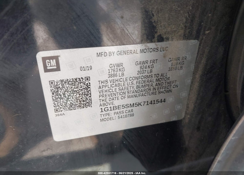 2019 CHEVROLET CRUZE VIN: 1G1BE5SM5K7141544
