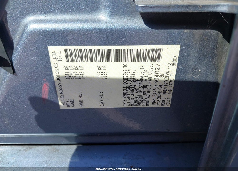 2012 NISSAN ALTIMA 2.5 S VIN: 1N4AL2AP7CN504027