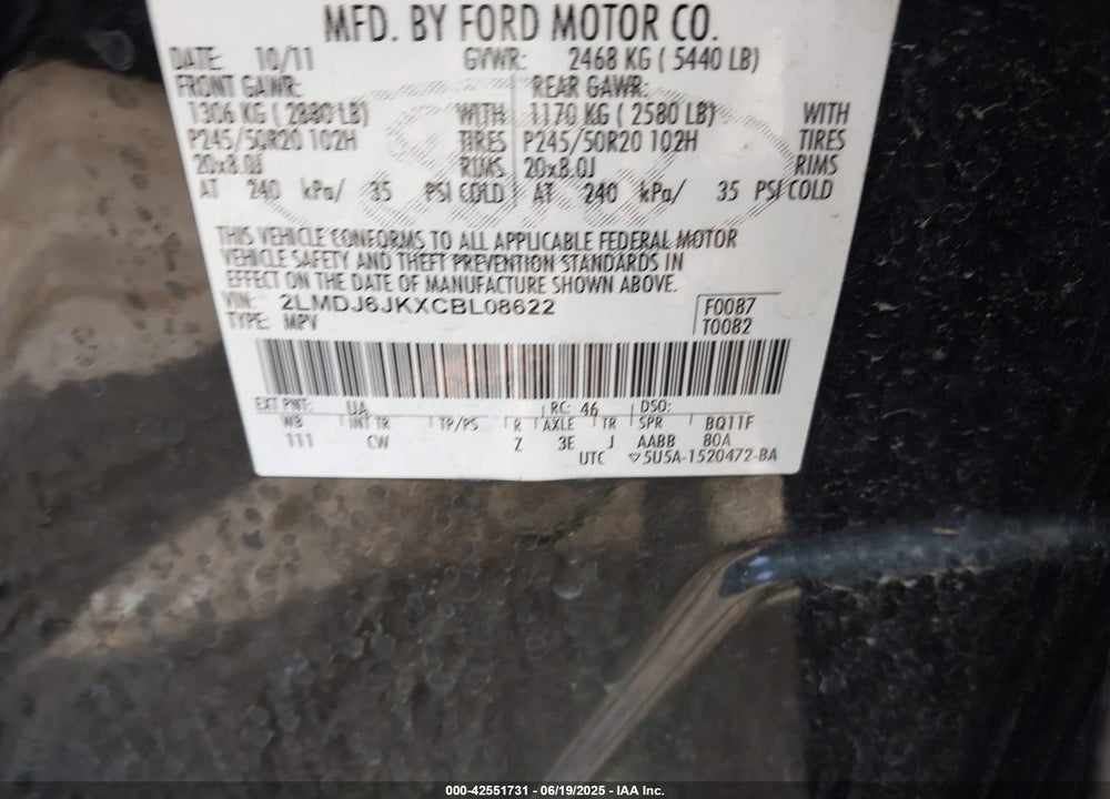 2012 LINCOLN MKX VIN: 2LMDJ6JKXCBL08622