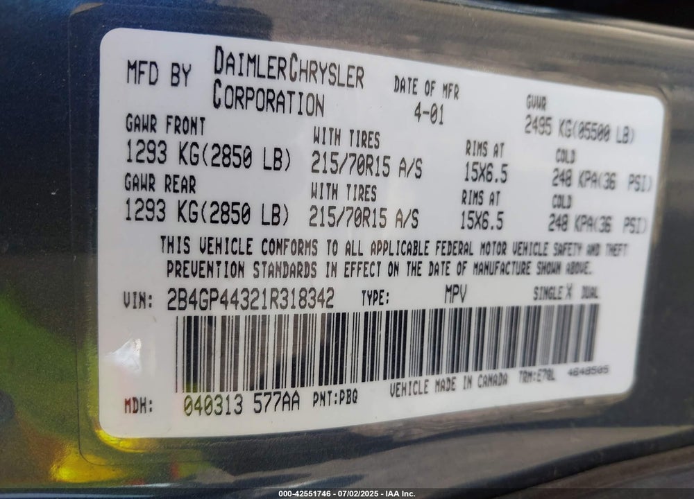 2001 DODGE GRAND CARAVAN SPORT VIN: 2B4GP44321R318342