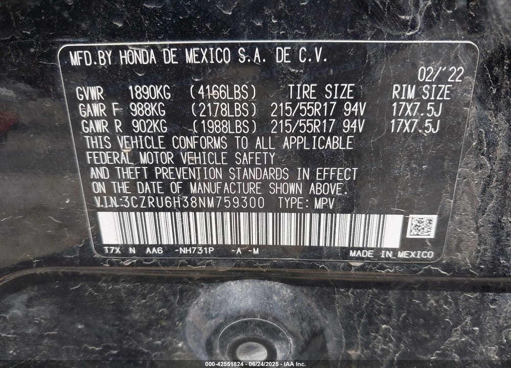 2022 HONDA HR-V VIN: 3CZRU6H38NM759300