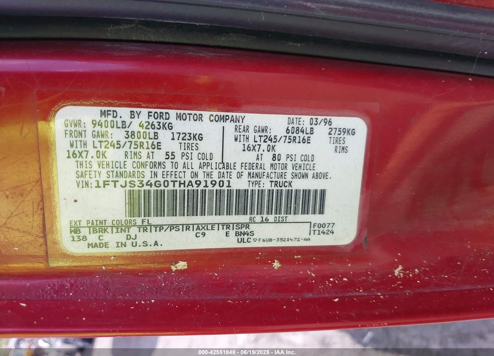 1996 FORD ECONOLINE E350 SUPER DUTY VAN VIN: 1FTJS34G0THA91901