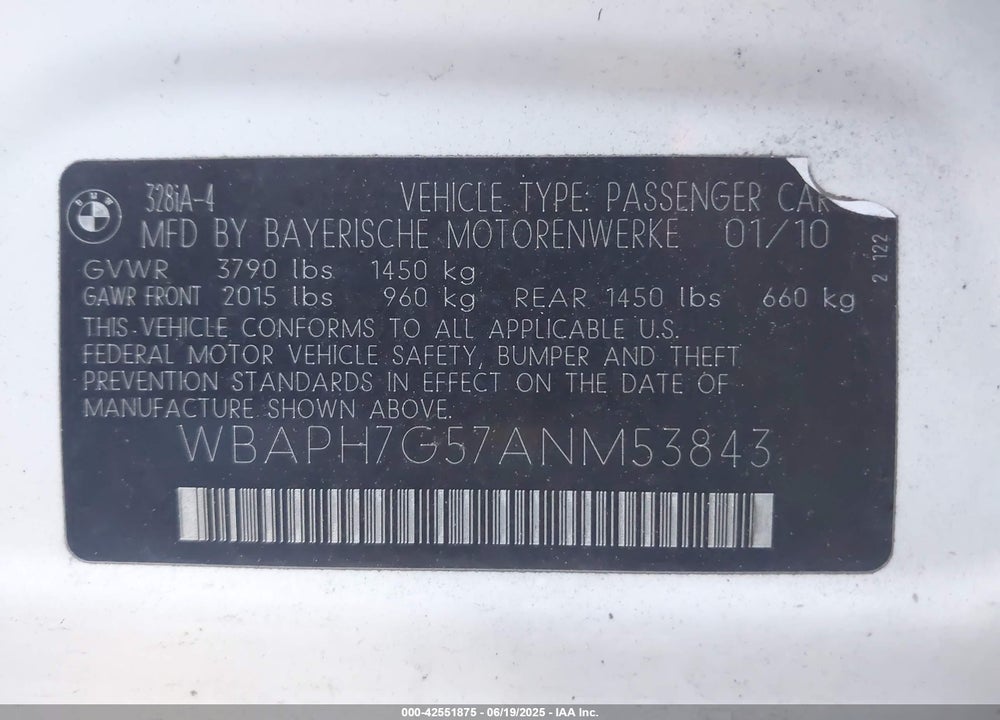 2010 BMW 328I VIN: WBAPH7G57ANM53843