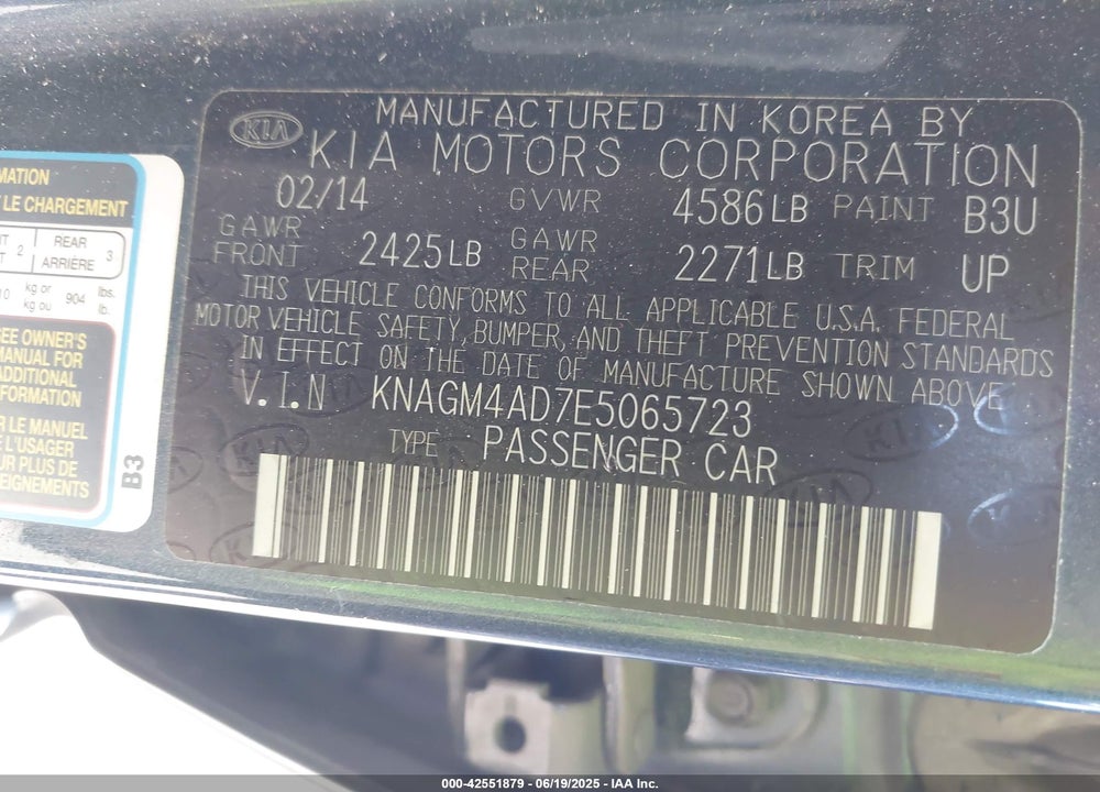 2014 KIA OPTIMA HYBRID VIN: KNAGM4AD7E5065723