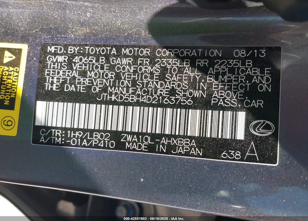 2013 LEXUS CT 200H VIN: JTHKD5BH4D2163756