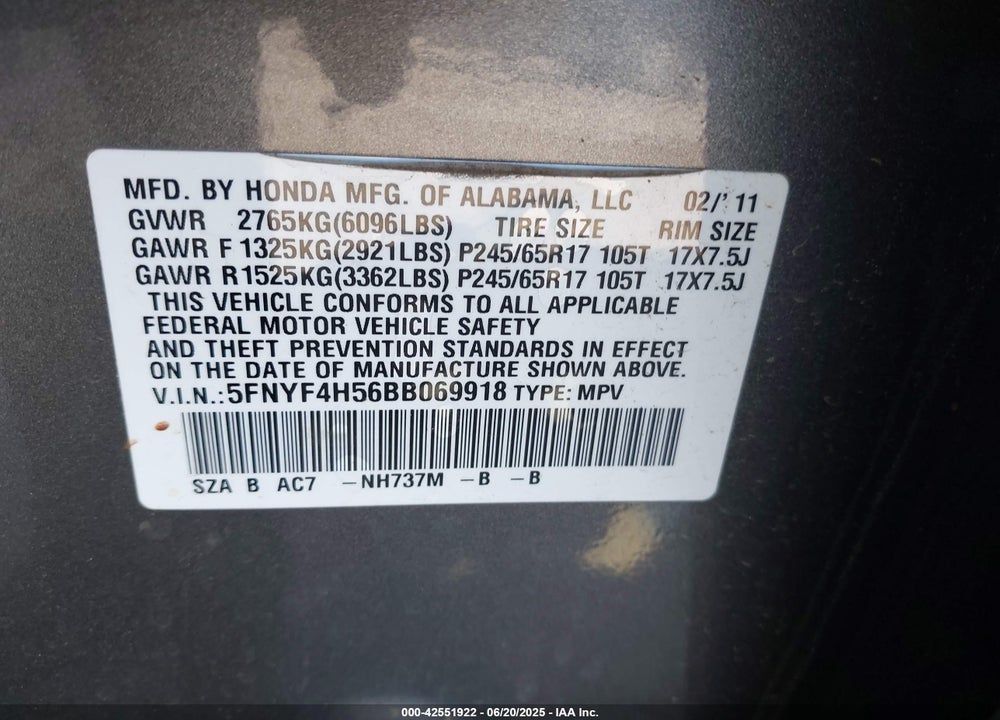 2011 HONDA PILOT VIN: 5FNYF4H56BB069918