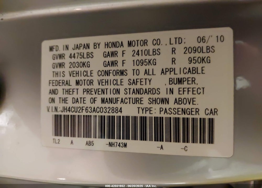 2010 ACURA TSX VIN: JH4CU2F63AC032884