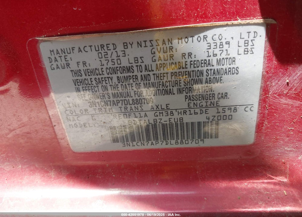 2013 NISSAN VERSA 1.6 SV VIN: 3N1CN7AP7DL880709