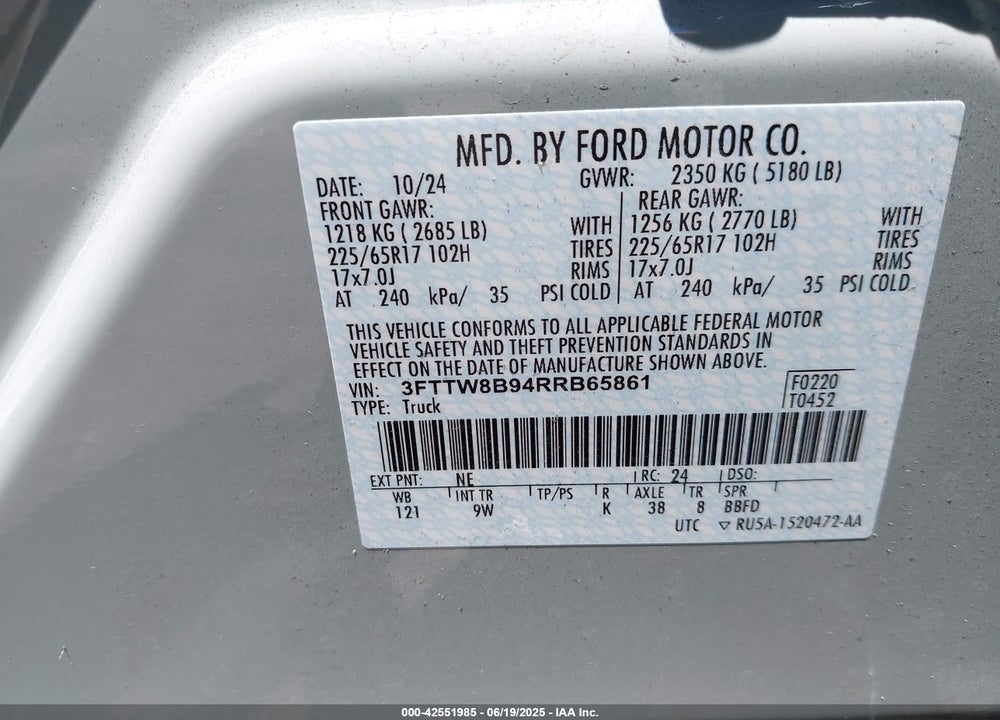 2024 FORD MAVERICK VIN: 3FTTW8B94RRB65861