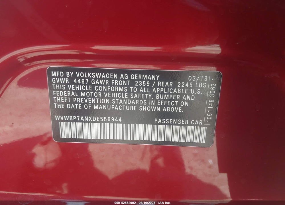2013 VOLKSWAGEN CC VIN: WVWBP7ANXDE559944
