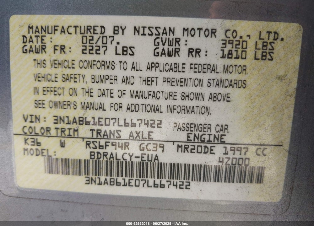 2007 NISSAN SENTRA VIN: 3N1AB61E07L667422