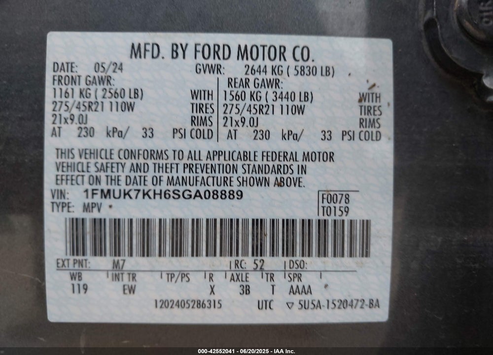 2025 FORD EXPLORER VIN: 1FMUK7KH6SGA08889