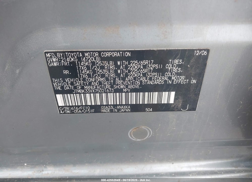 2007 TOYOTA RAV4 VIN: JTMBK33VX75021673