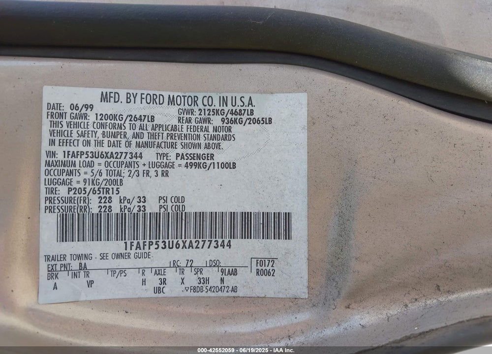 1999 FORD TAURUS SE/SE-NE VIN: 1FAFP53U6XA277344