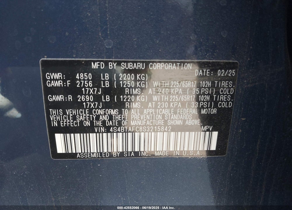 2025 SUBARU OUTBACK VIN: 4S4BTAFC8S3215842
