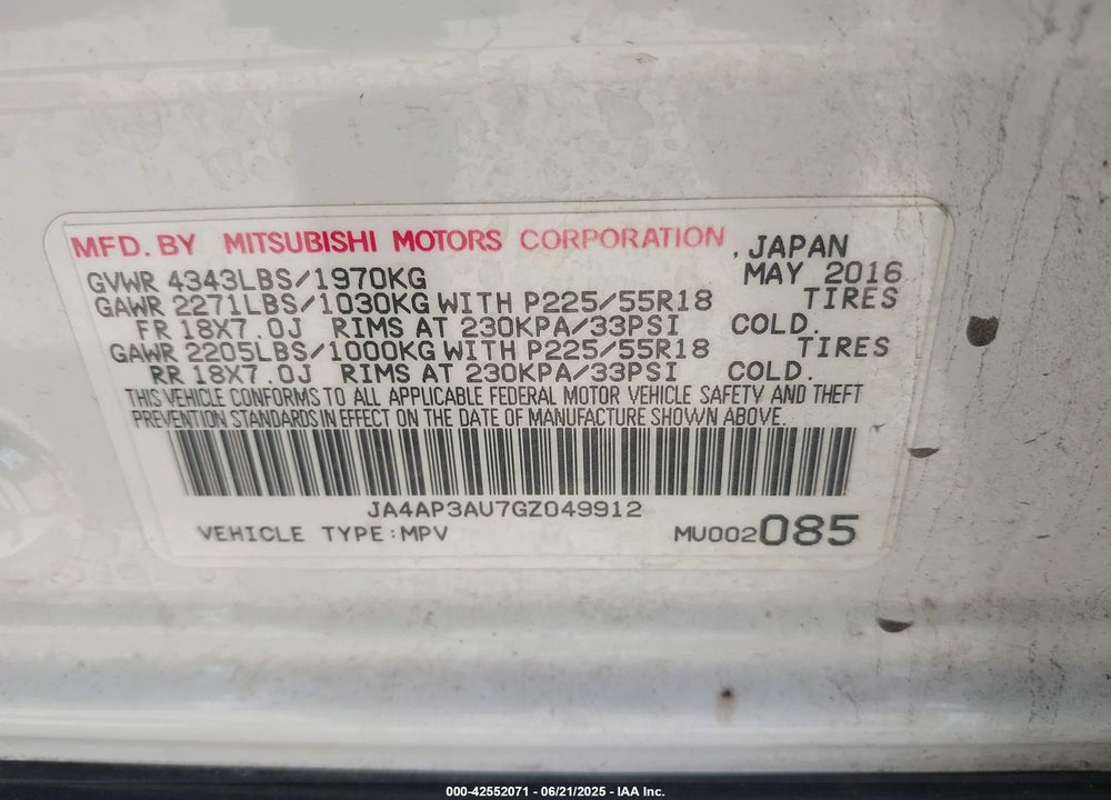 2016 MITSUBISHI OUTLANDER SPORT VIN: JA4AP3AU7GZ049912