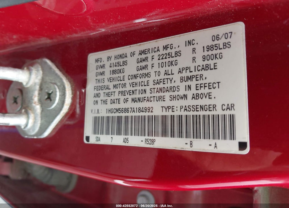 2007 HONDA ACCORD 2.4 EX VIN: 1HGCM56867A184992
