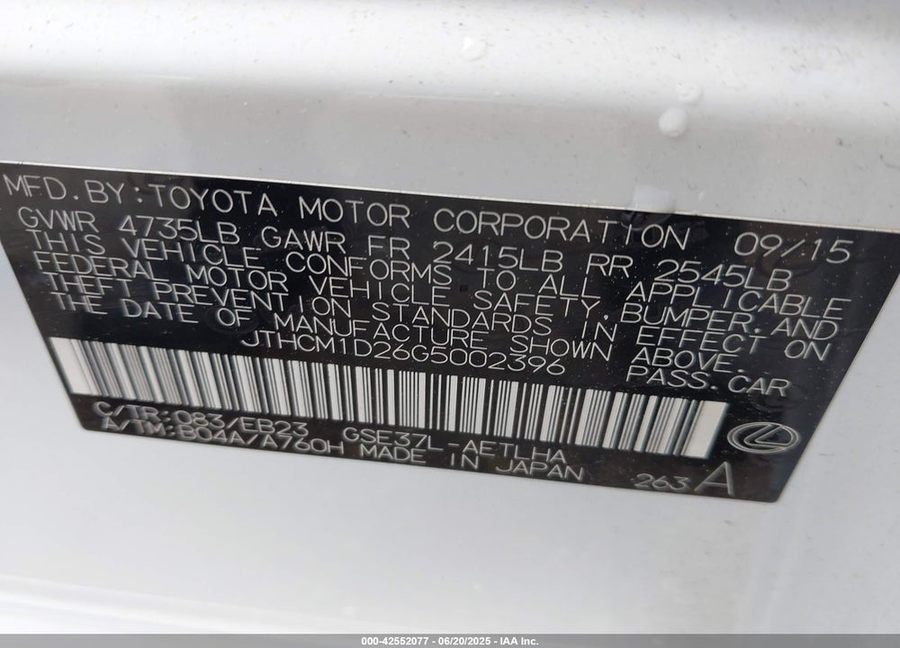 2016 LEXUS IS300 VIN: JTHCM1D26G5002396