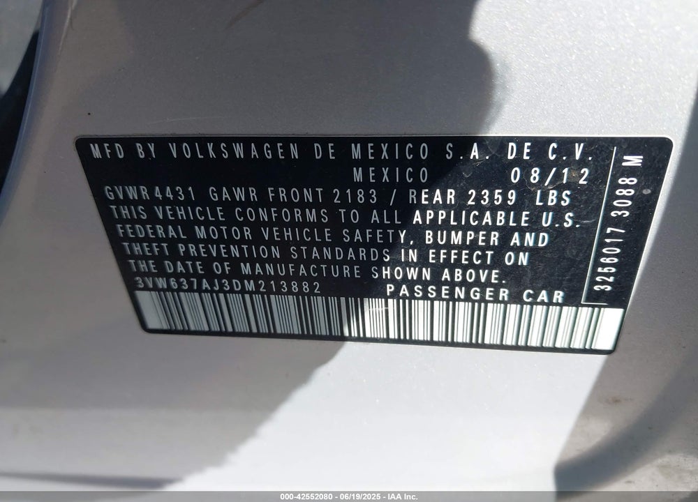 2013 VOLKSWAGEN JETTA HYBRID VIN: 3VW637AJ3DM213882