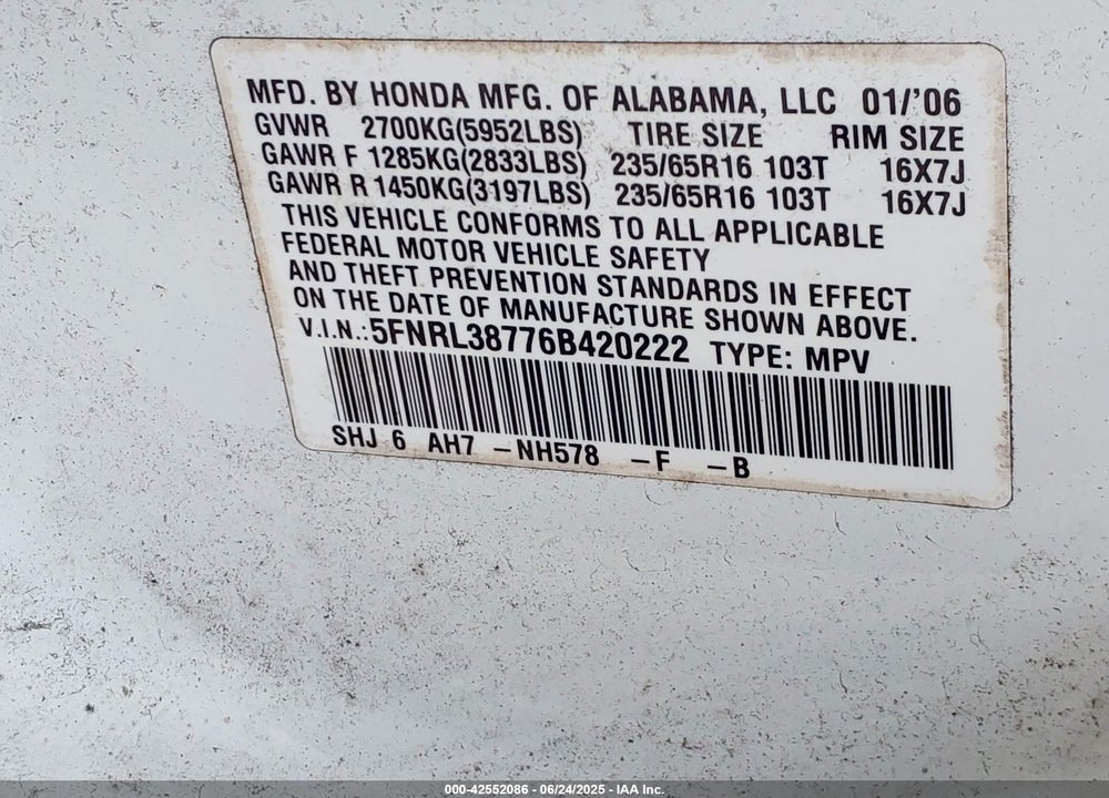 2006 HONDA ODYSSEY EX-L VIN: 5FNRL38776B420222