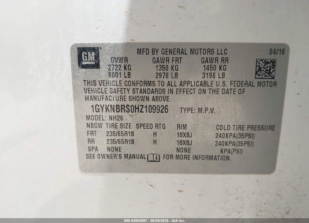 2017 CADILLAC XT5 VIN: 1GYKNBRS0HZ109926
