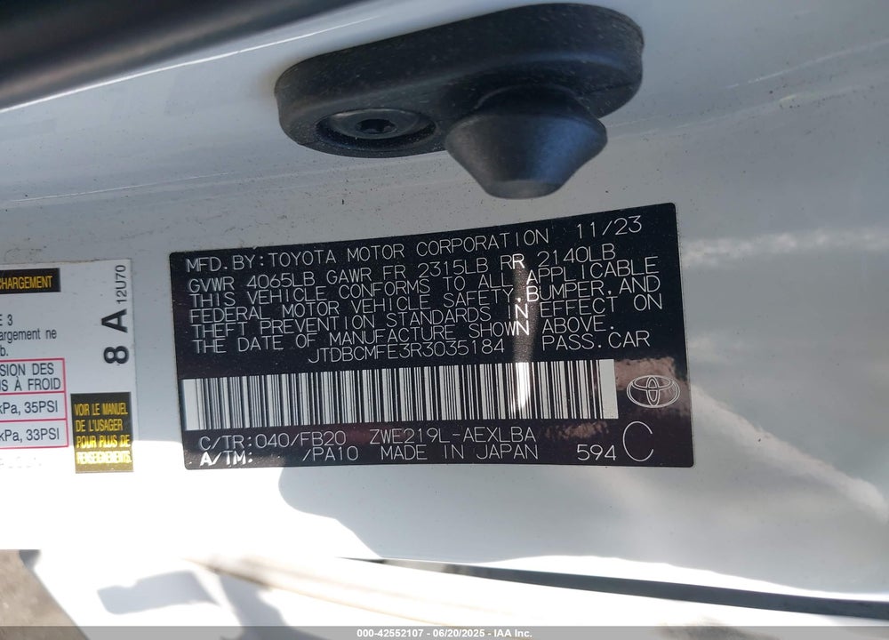 2024 TOYOTA COROLLA VIN: JTDBCMFE3R3035184