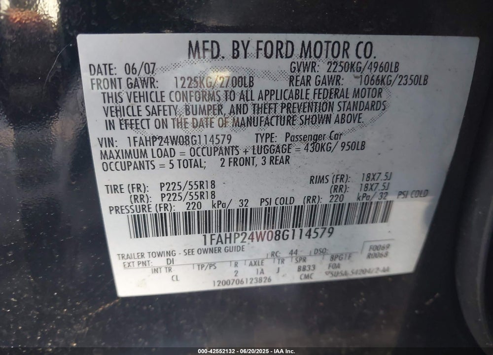 2008 FORD TAURUS VIN: 1FAHP24W08G114579