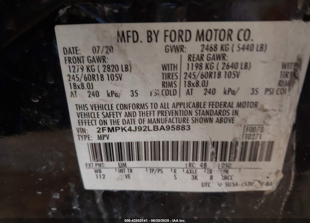 2020 FORD EDGE VIN: 2FMPK4J92LBA95883