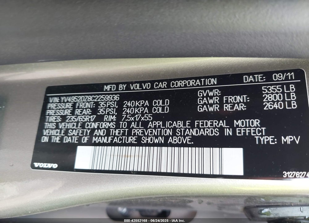 2012 VOLVO XC60 VIN: YV4952DZ8C2259936