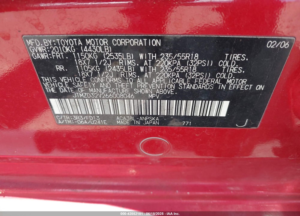 2006 TOYOTA RAV4 SPORT VIN: JTMZD32V266008046
