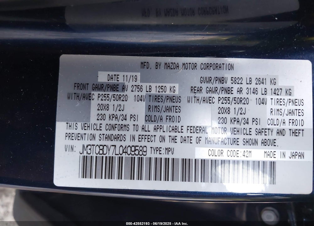 2020 MAZDA CX-9 VIN: JM3TCBDY7L0409589