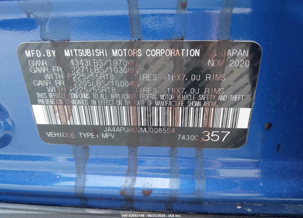 2021 MITSUBISHI OUTLANDER SPORT VIN: JA4APUAU2MU008554