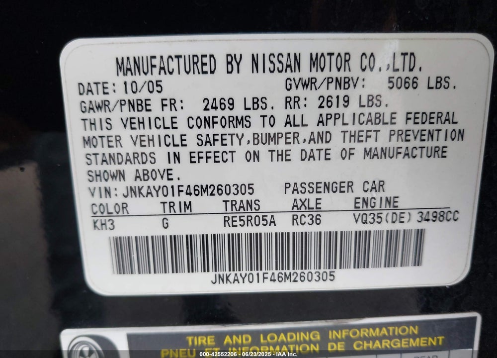 2006 INFINITI M35X VIN: JNKAY01F46M260305