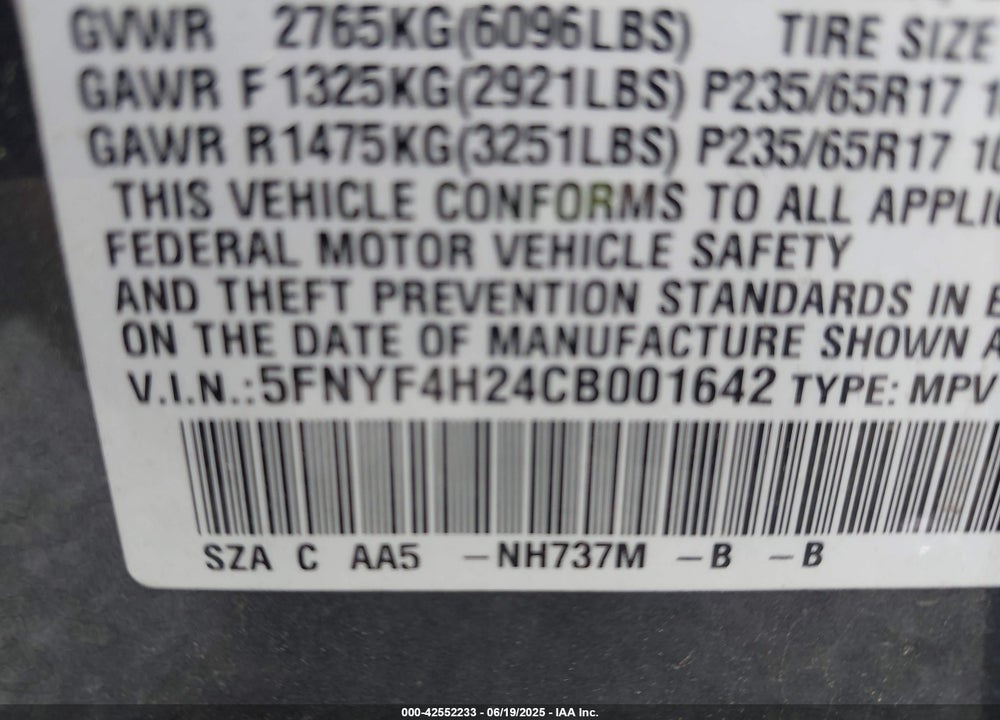 2012 HONDA PILOT VIN: 5FNYF4H24CB001642