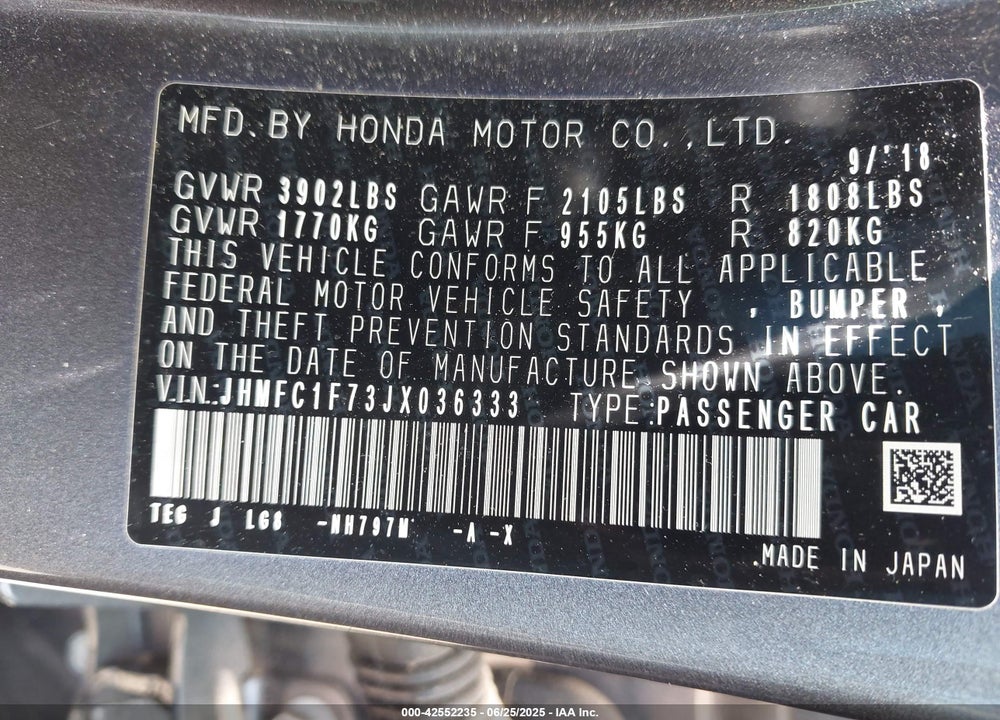 2018 HONDA CIVIC VIN: JHMFC1F73JX036333