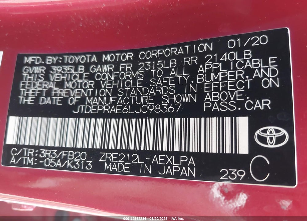 2020 TOYOTA COROLLA VIN: JTDEPRAE6LJ098367