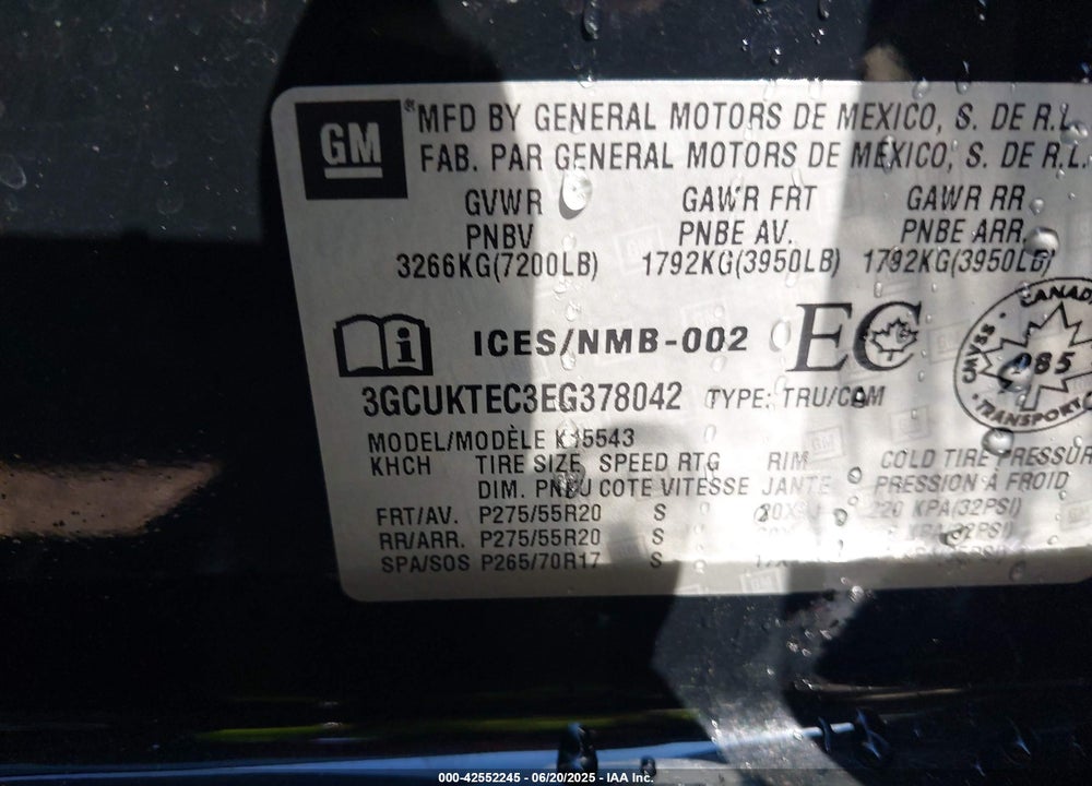 2014 CHEVROLET SILVERADO 1500 VIN: 3GCUKTEC3EG378042